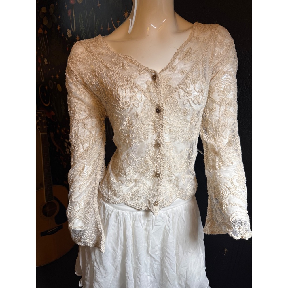 Liv Los Angeles Girls XL Cream Sheer Lace Button Front Cardigan Top Cottagecore